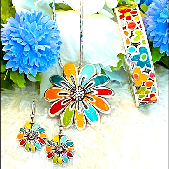 Brighton Jewelry - Brighton “POSH POSEY” Multi color Enamel Flower Necklace Bracelet Earrings RARE